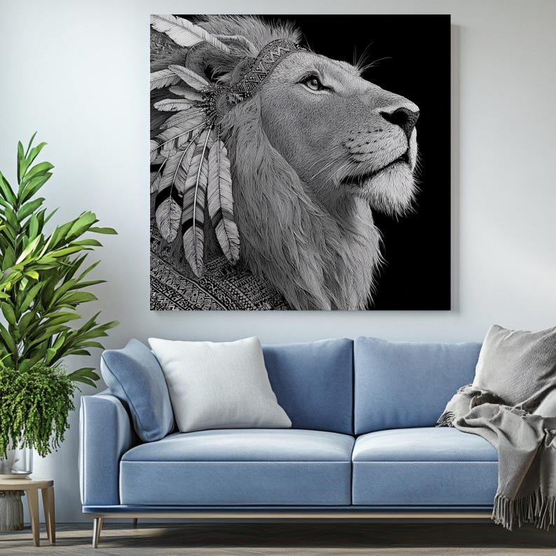 Tribal Lion Wall Art, Canvas Or Poster, Unique Wall Decor, Living Room Decor, Home Decor, Feather Headdress Decor, Warrior Lion Gift - Image 4