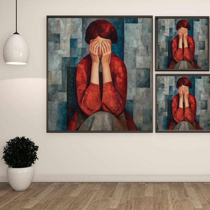 Abstract Woman in Red Dress, Canvas Or Poster, Sad Woman Wall Art, Cubist Portrait Painting, Modern Living Room Decor, Emotional Art Gift - Image 2