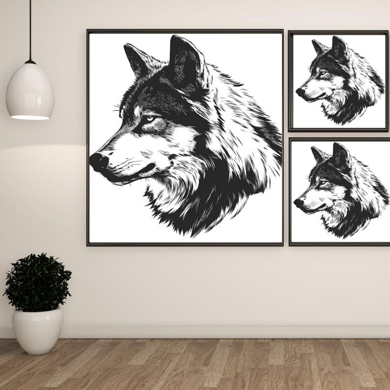 Wolf Head Wall Art, Canvas Or Poster, Minimalist Wildlife Decor, Living Room Office Bedroom Wall Art, Black and White Ink Sketch Art Print - Image 2