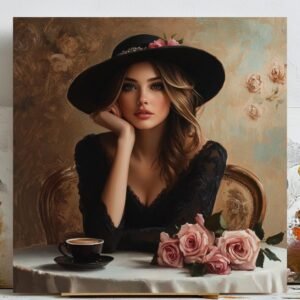 Lady In Black Hat Painting, Canvas Or Poster, Parisian Cafe Wall Art, Modern Portrait Print, Fashion Inspired Decor, Anniversary Gift