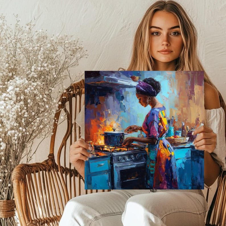 African Woman Cooking Wall Art, Canvas Or Poster, Kitchen Wall Decor, Black Woman Art, Impasto Oil Painting, Home Decor,African American Art - Image 5