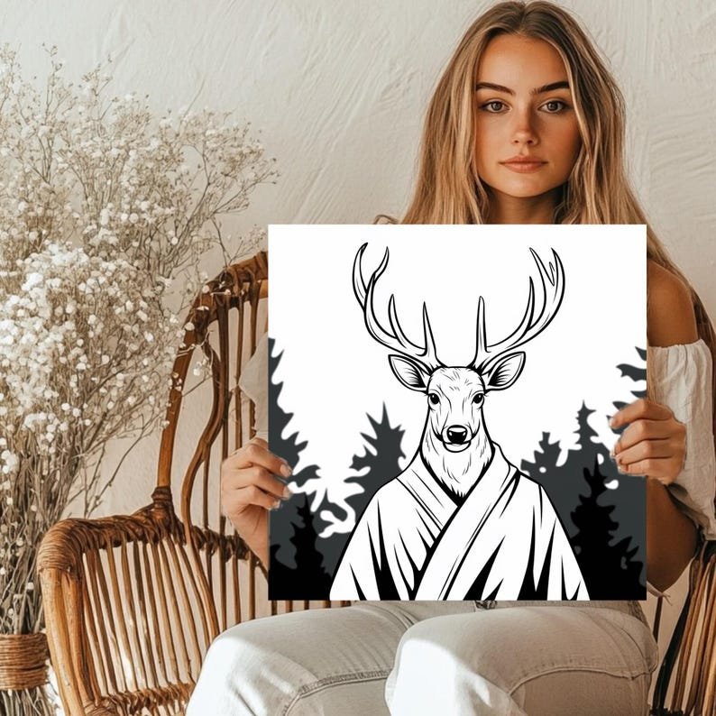 Deer In Robe Wall Art, Canvas or Poster, Forest Animal Decor, Whimsical Woodland Wall Hanging, Modern Rustic Style, Bathroom Decor - Image 5