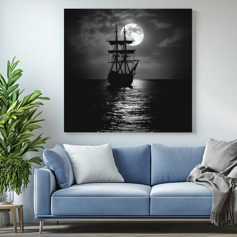 Moonlit Ship Wall Art, Canvas Or Poster, Nautical Night Decor, Black And White Ocean Art, Moody Home Wall Art, Pirate Ship Wall Hanging - Image 4