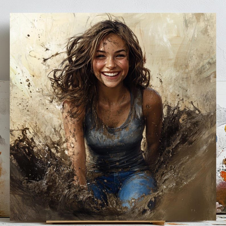 Woman In Mud Splash, Canvas Or Poster, Energetic Portrait, Contemporary Wall Art, Eclectic Wall Hanging, Gallery Wall Art, Gift For Her