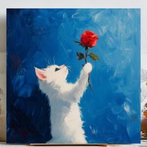 White Kitten Wall Art, Poster or Canvas, Cute Cat Print, Red Rose Art, Animal Wall Decor, Gift for Cat Lovers, Nursery Cat Art, Home Decor