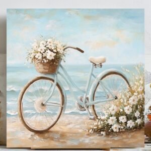 Beach Bicycle Blossom Art, Poster or Canvas, Impressionism Coastal Bohemian Decor, Living Room Bedroom Wall Art, Blue Beige Multicolor Teal