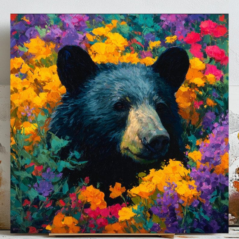 Floral Bear Wall Art, Canvas or Poster, Bear In Garden Art, Canvas Or Poster, Animal Wall Decor, Bear Painting, Home Decor, Bear Wall Art