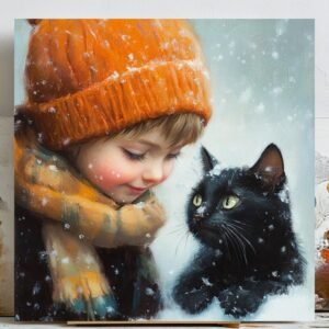 Cat and Girl Wall Art, Poster or Canvas, Bedroom Decor, Cat Art Print, Girls Room Decor, Animal Wall Art, Nursery Wall Art, Pet Wall Decor
