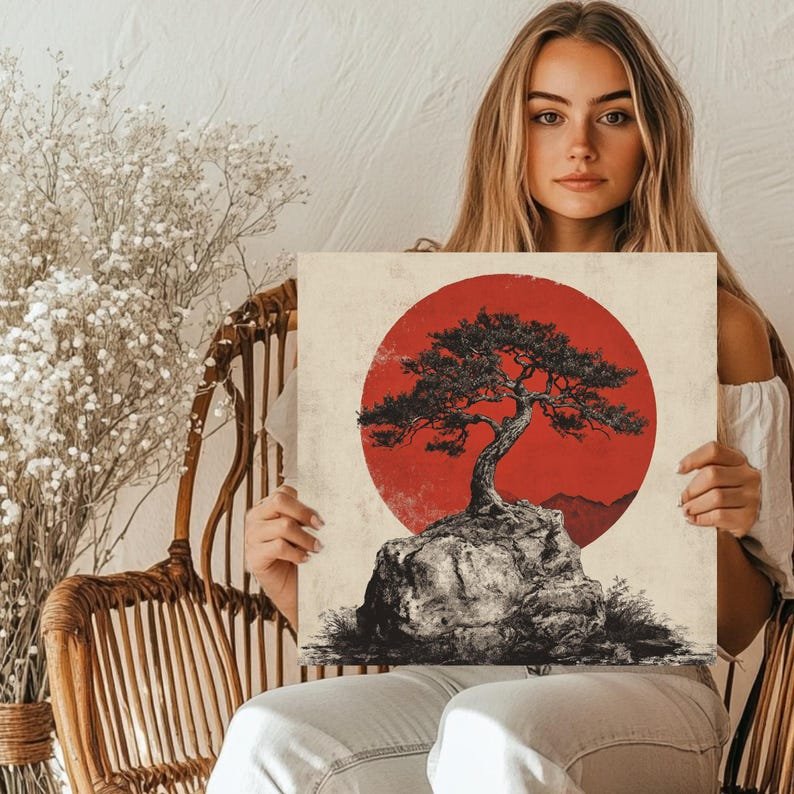 Tree Wall Art, Canvas Or Poster, Red Sun Wall Decor, Japanese Art Print, Bonsai Tree Decor, Zen Home Decor, Asian Inspired, Nature Art - Image 5