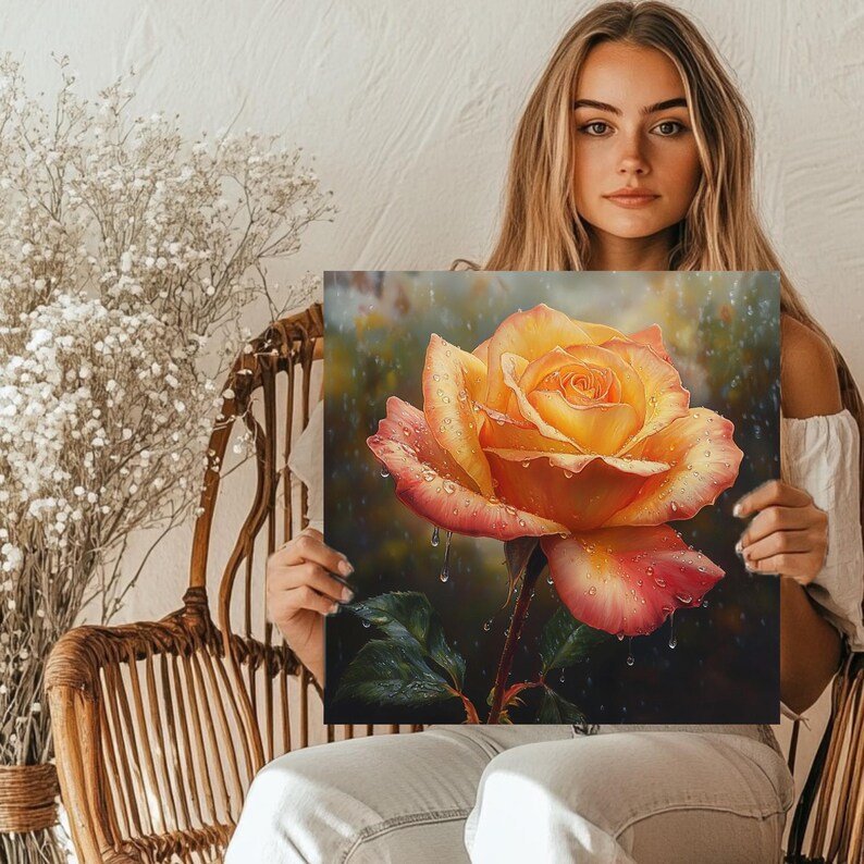 Orange Yellow Rose Wall Art, Canvas Or Poster, Realistic Floral Painting, Romantic Wall Art, Anniversary Gift For Wife, Elegant Wall Decor - Image 5