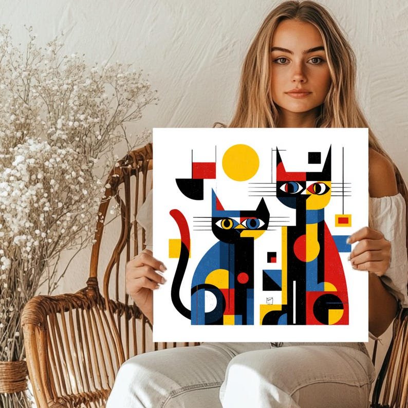 Geometric Cat Wall Art, Canvas Or Poster, Mid Century Modern Decor, Bauhaus Animal Art, Colorful Feline Print, Unique Living Room Wall Decor - Image 4