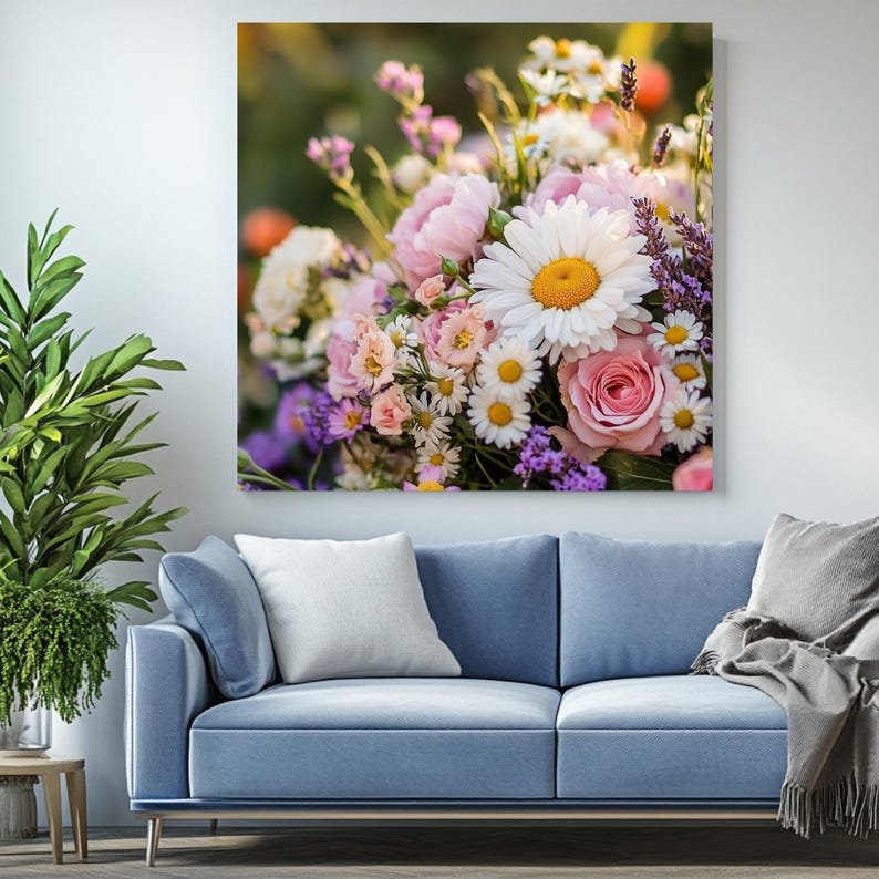 Pastel Floral Bouquet Art Print: Rose, Daisy, Lavender (Framed Canvas) - Image 4