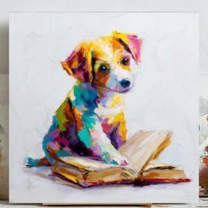 Colorful Puppy Book Wall Art, Canvas Or Poster, Home Decor, Kids Room Art, Nursery Wall Decor, Living Room Decor, Whimsical Animal Art