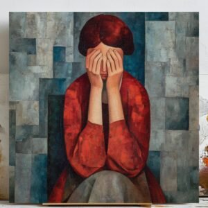 Abstract Woman in Red Dress, Canvas Or Poster, Sad Woman Wall Art, Cubist Portrait Painting, Modern Living Room Decor, Emotional Art Gift