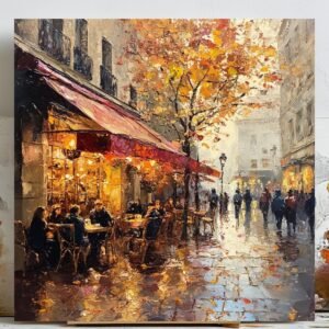 Paris Café Scene Wall Art, Canvas or Poster, Romantic Rainy City Painting, Autumn Street Scene, European Café Decor, Living Room Art