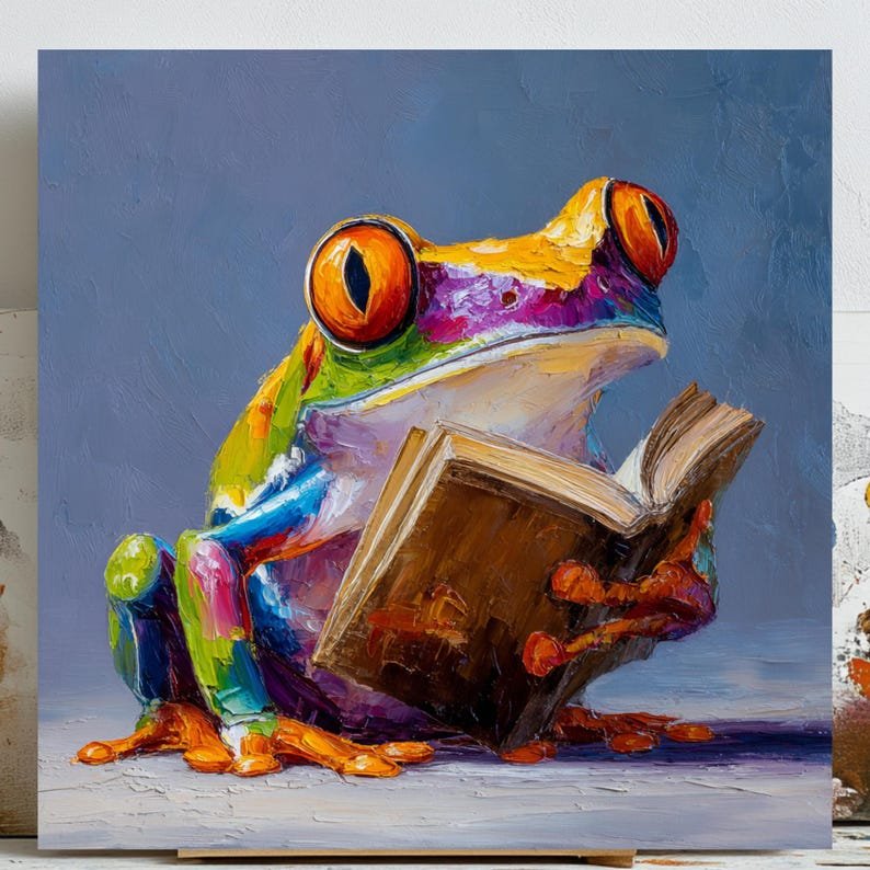 Frog Reading Book Wall Art, Canvas or Poster, Colorful Tree Frog Impasto Painting, Whimsical Animal Decor, Library Art, Book Lover Gift