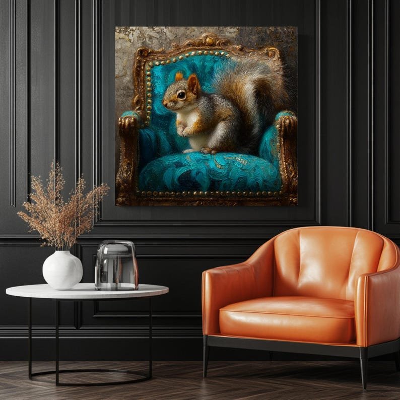 Squirrel On Chair Wall Art, Canvas or Poster, Animal Portrait, Whimsical Home Decor, Living Room Bedroom Entryway Wall Art,Squirrel Wall Art - Image 3