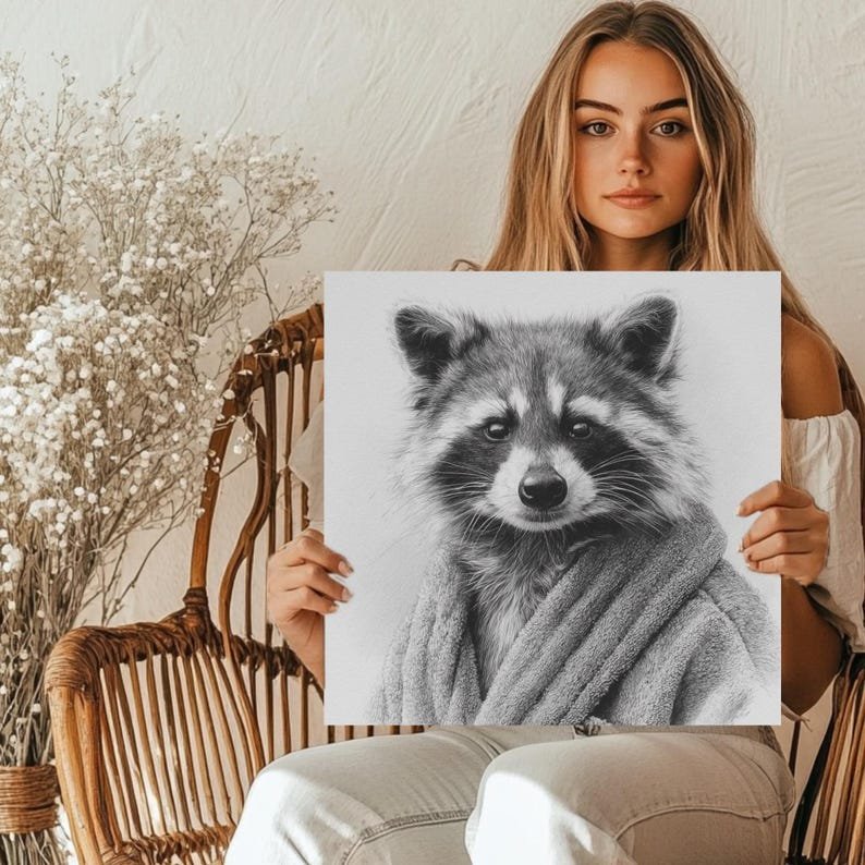 Raccoon In Bathrobe Art, Canvas Or Poster, Black And White Animal Wall Art, Bathroom Wall Decor, Cute Raccoon Print, Bathroom Art - Image 5