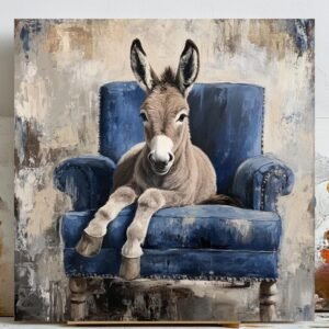 Regal Donkey Repose Art, Canvas or Poster, Animal Farmhouse Decor, Living Room Bedroom Office Entryway Wall Art, Blue Brown Beige Grey