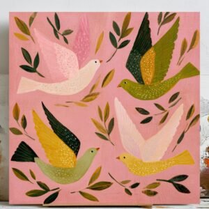 Colorful Birds Wall Art, Canvas or Poster, Whimsical Nature Decor, Living Room Bedroom Nursery Wall Art, Pink Green Yellow Design, Home Art