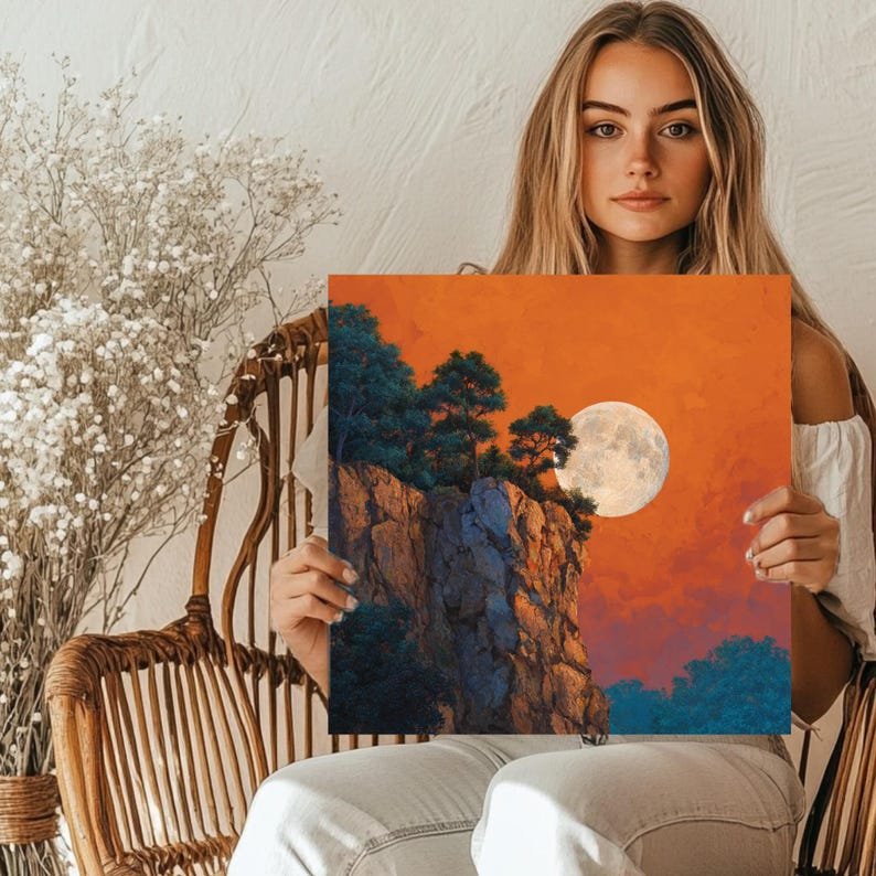 Full Moon Over Cliff Wall Art, Canvas or Poster, Nature Landscape Wall Decor, Home Decor, Serene Evening Scene, Tranquil Design, Bedroom Art - Image 5