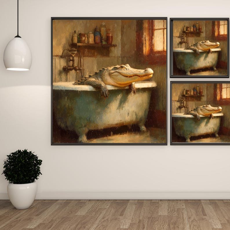 Crocodile In Bathtub, Canvas Or Poster, Bathroom Wall Art, Wildlife-Inspired Art, Contemporary Animal Art, Bathroom Wall Decor, Home Decor - Image 2