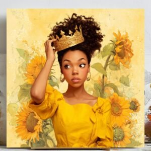 Crowned Woman Wall Art, Canvas or Poster, Afro Queen Decor, Modern Home Wall Art, Sunflower Floral Painting, Empowerment Art Print
