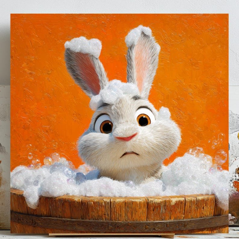 Funny Bunny In Bathtub, Canvas Or Poster, Modern Wall Art, Animal Decor, Bathroom Wall Hanging, Kids Room Decor, Cute Rabbit Home Decor