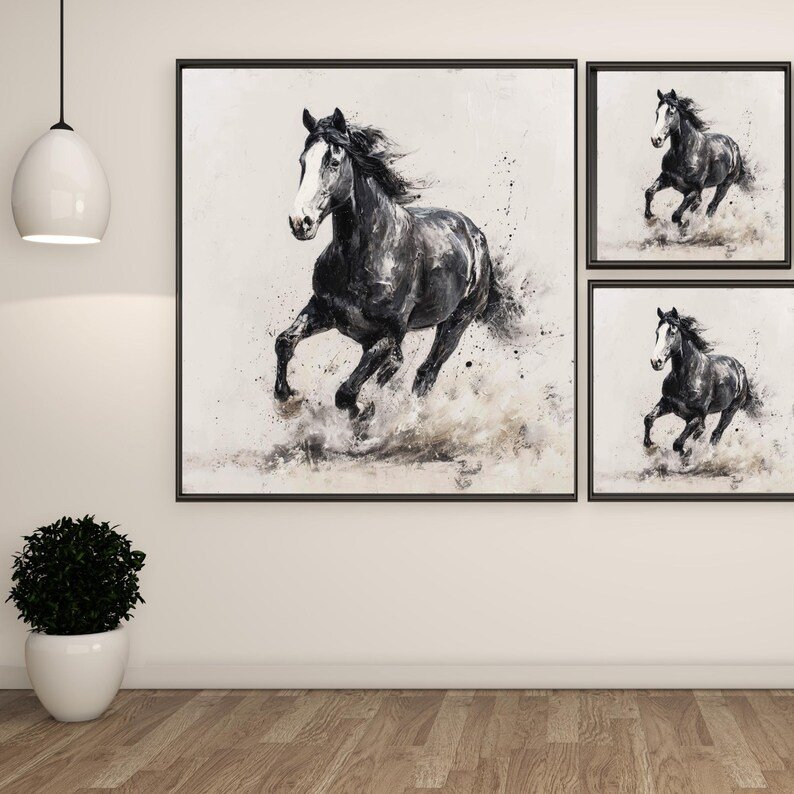 Black Horse Wall Art, Canvas Or Poster, Modern Farmhouse Decor, Living Room Office Decor, Stallion Painting, Equestrian Home Art - Image 2