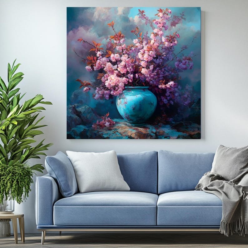Cherry Blossom Wall Art, Canvas Or Poster, Pink Sakura Flowers In Teal Vase, Floral Painting, Living Room Decor, Romantic Bedroom Wall Art - Image 3
