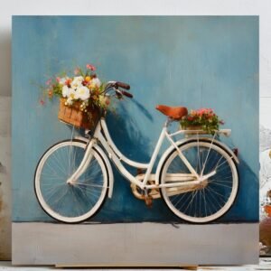 Vintage Bicycle With Flowers Wall Art, Canvas Or Poster, Rustic Floral Bike Decor, Blue Textured Wall Hanging, Cottagecore Garden Home Decor