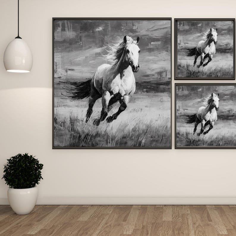 Running White Horse Wall Art, Canvas Or Poster, Black and White Horse Decor,Farmhouse Wall Art, Equestrian Art Print, Modern Living Room Art - Image 2