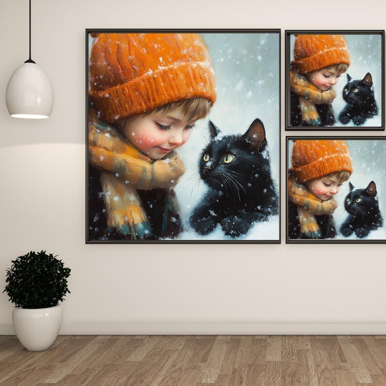 Cat and Girl Wall Art, Poster or Canvas, Bedroom Decor, Cat Art Print, Girls Room Decor, Animal Wall Art, Nursery Wall Art, Pet Wall Decor - Image 2