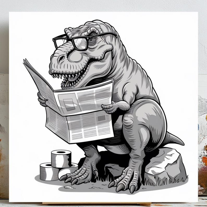 Dinosaur Art, Poster or Canvas, Vintage Pop Art Decor, Living Room Office Game Room Wall Art, Black White Yellow Brown, Nerdy T Rex Reading