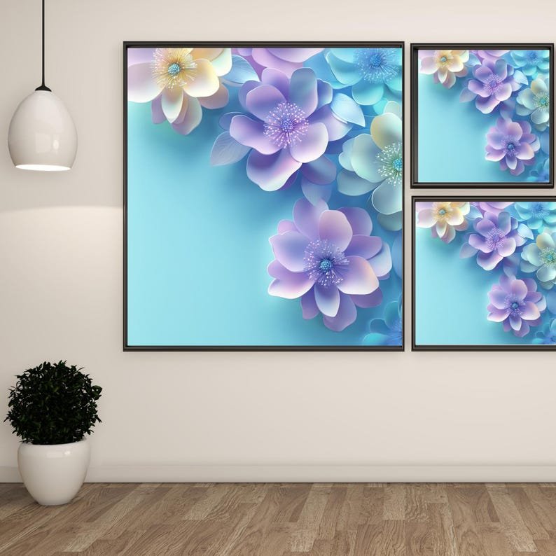 Pastel Flower Art, Poster Or Canvas, 3D Floral Wallpaper, Soft Blue Flower Background, Purple Flower Print, Pastel Wall Decor, Wall Art Gift - Image 2