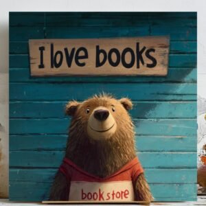 Book Lover Bear, Canvas Or Poster, Modern Decor, Animal Decor, Kids Decor, Reading Nook Decor, Office Wall Hanging, Cute Bear Wall Art