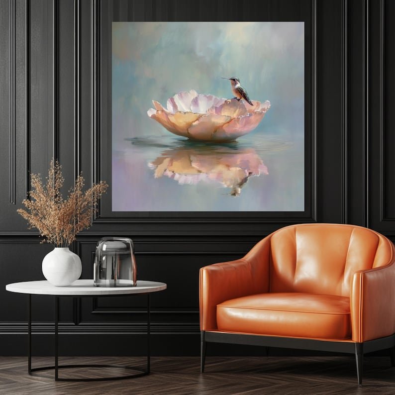 Hummingbird Wall Art, Canvas or Poster, Floral Bird Painting, Pastel Home Decor, Impressionist Nature Art, Soft Pink Flower, Zen Wall Decor - Image 4
