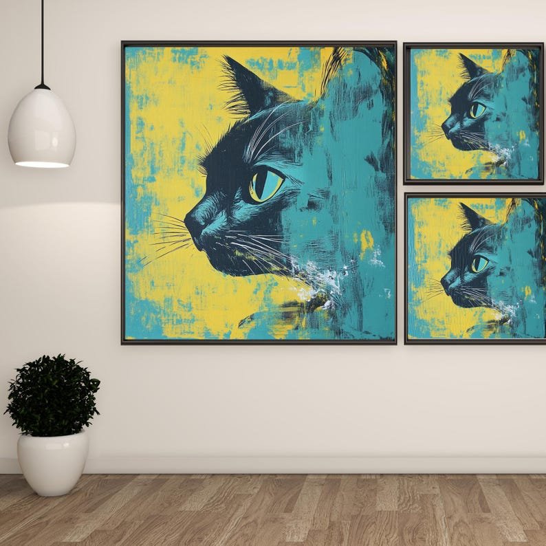 Abstract Cat Wall Art, Canvas or Poster, Modern Animal Decor for Living Room or Office, Bold Teal Yellow Artwork, Contemporary Print - Image 2
