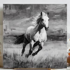 Running White Horse Wall Art, Canvas Or Poster, Black and White Horse Decor,Farmhouse Wall Art, Equestrian Art Print, Modern Living Room Art