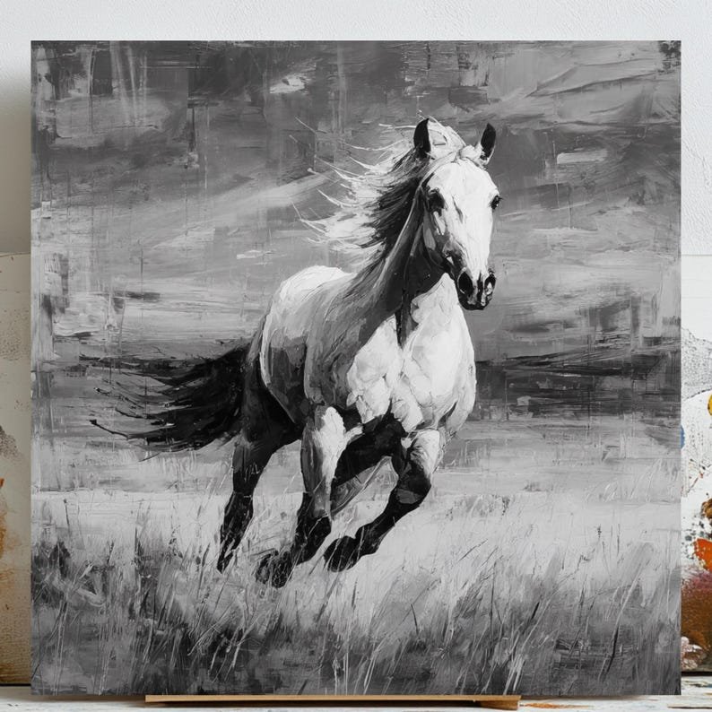 Running White Horse Wall Art, Canvas Or Poster, Black and White Horse Decor,Farmhouse Wall Art, Equestrian Art Print, Modern Living Room Art