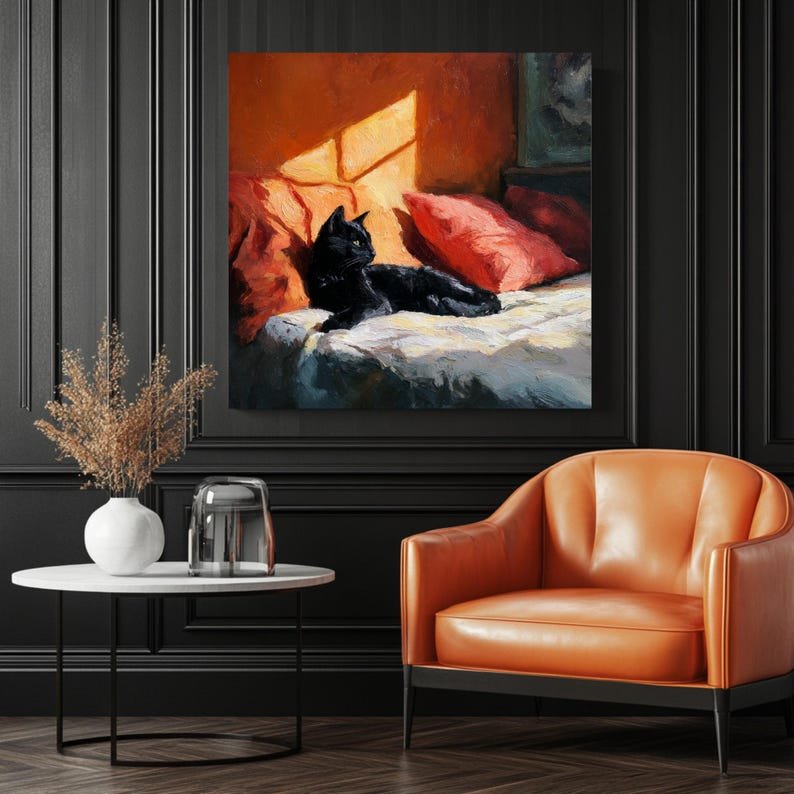 Black Cat Wall Art, Canvas Or Poster, Animal Decor, Cat Wall Decor, Rustic Design, Cozy Wall Art, Warm Home Decor, Bedroom Artwork - Image 3