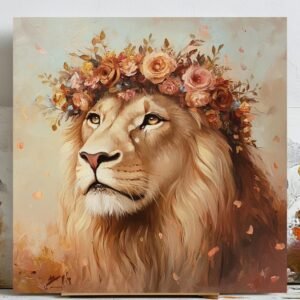 Lion With Flower Crown, Canvas Or Poster, Animal Wall Art, Wildlife Decor, Lion Wall Decor, Living Room Wall Art, Safari Home Art