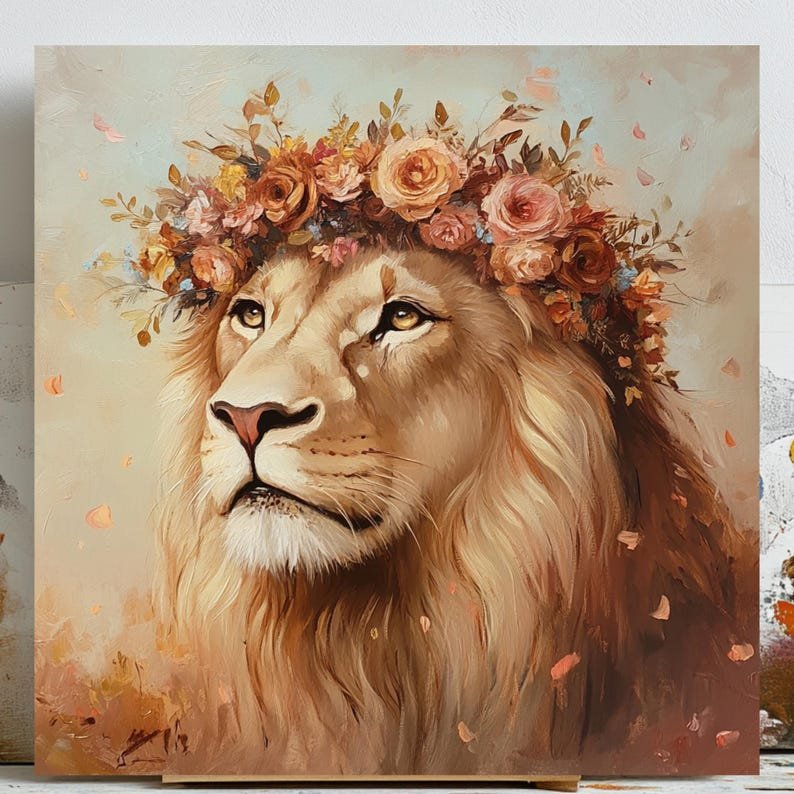 Lion With Flower Crown, Canvas Or Poster, Animal Wall Art, Wildlife Decor, Lion Wall Decor, Living Room Wall Art, Safari Home Art
