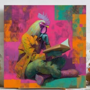 Rooster Reading Book Wall Art, Canvas Or Poster, Surreal Animal Decor, Modern Living Room Wall Hanging, Whimsical Office Decor, Reader Gift
