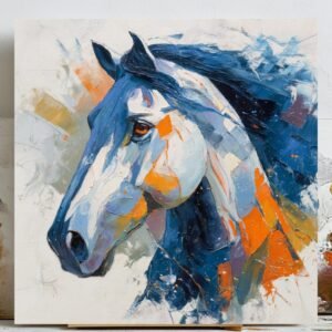Abstract Horse Wall Art, Canvas or Poster, Modern Equestrian Decor, Blue Orange Horse Painting, Living Room Wall Decor,Horse Lover Gift Idea