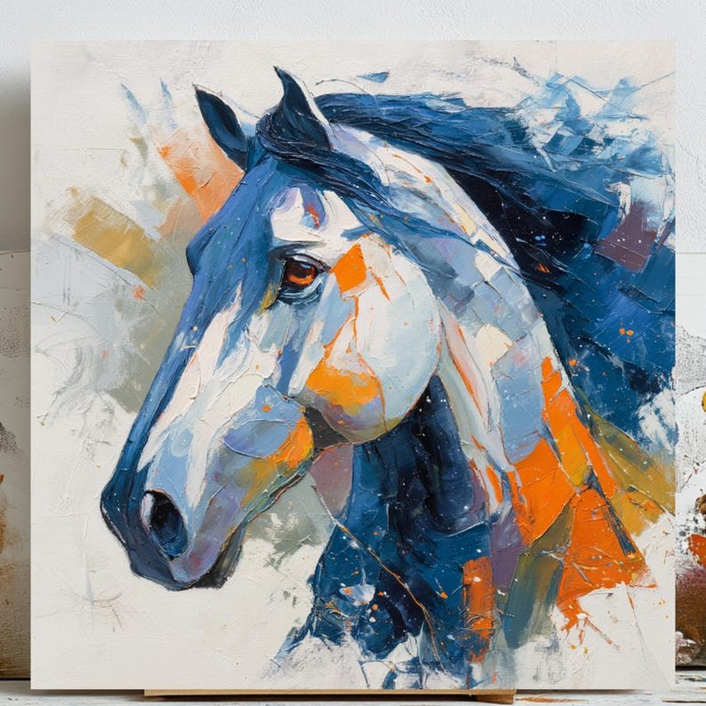 Abstract Horse Wall Art, Canvas or Poster, Modern Equestrian Decor, Blue Orange Horse Painting, Living Room Wall Decor,Horse Lover Gift Idea