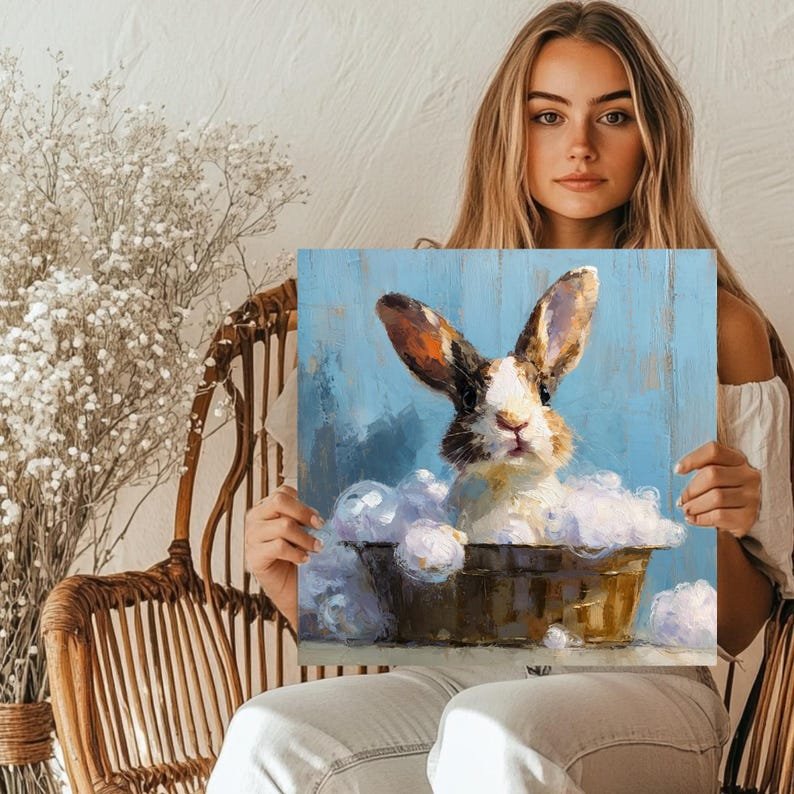 Cute Rabbit Bath Time Painting, Canvas or Poster, Whimsical Bathroom Decor, Animal Wall Art, Nursery Artwork, White Blue, Bathroom Wall Art - Image 5