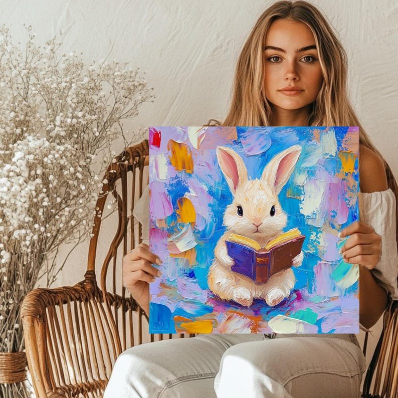 Bunny Wall Art, Canvas Or Poster, Rabbit Wall Decor, Animal Home Decor, Kids Decor, Living Room Decor, Book Lover Decor, Reading Art - Image 5