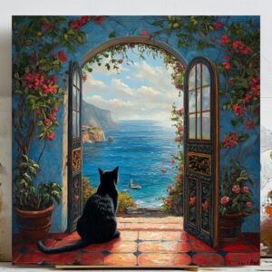 Black Cat Ocean View Art, Canvas or Poster, Cat Bathroom Decor, Bathroom Wall Hanging, Funny Animal Decor, Home Decor, Coastal Cat Decor