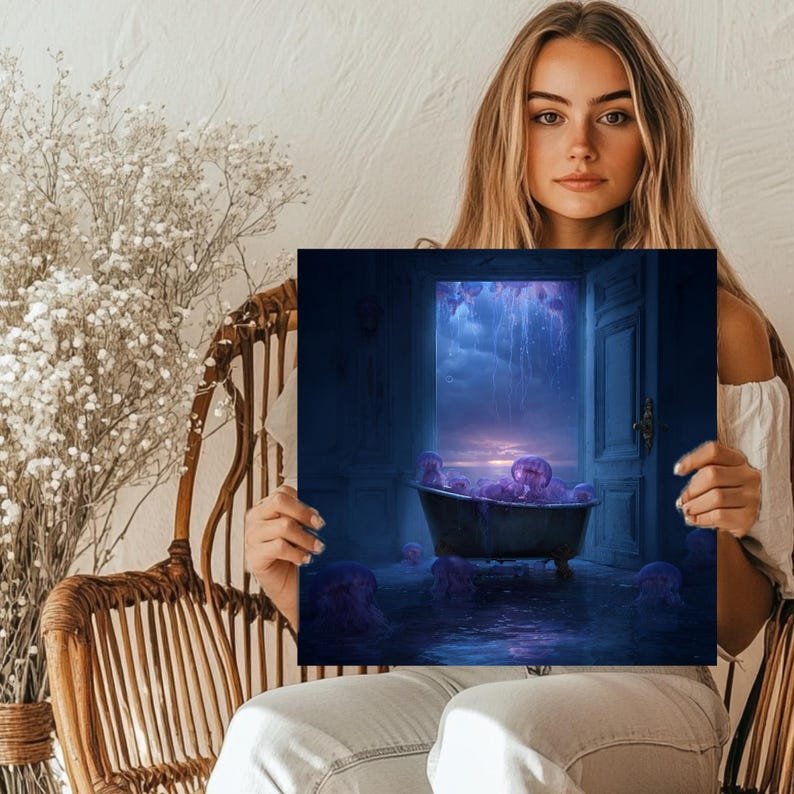 Jellyfish In Bathtub, Canvas Or Poster, Surreal Ocean Wall Art For Bathroom, Fantasy Sea Decor, Blue Jellyfish Artwork, Modern Home Wall - Image 5